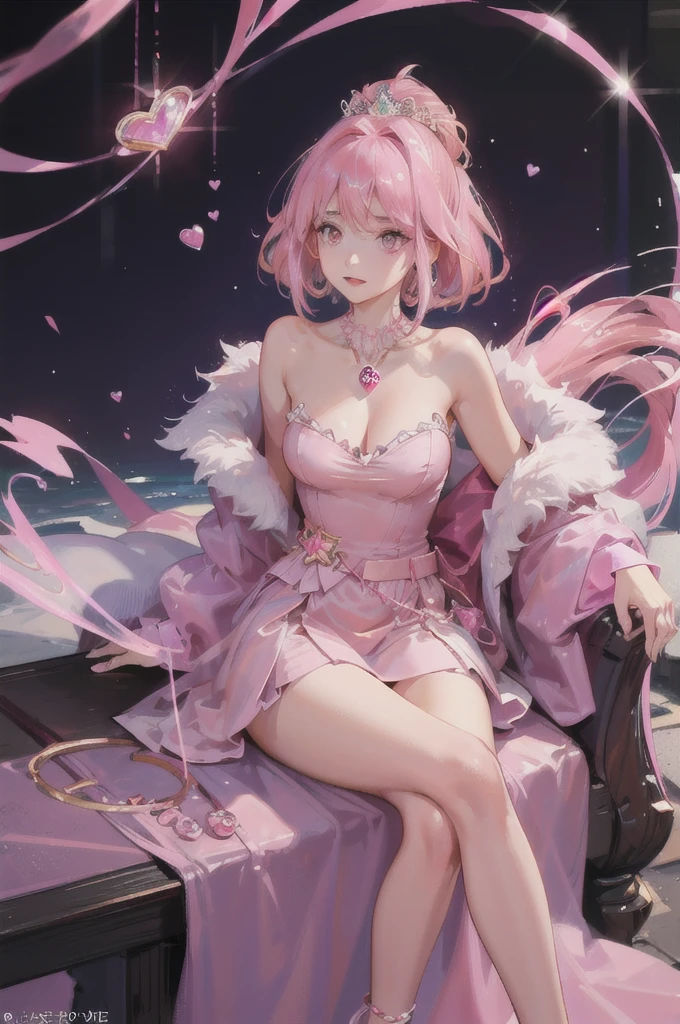 Women, approximately 18 years old, pink eyes, good body, pink strands in hair, She is a princess, She has a short pink dress with pink gems, his hair is a little long, has pink powers, On his neck he has a heart-shaped necklace, has a pink aura, she is sitting on a throne