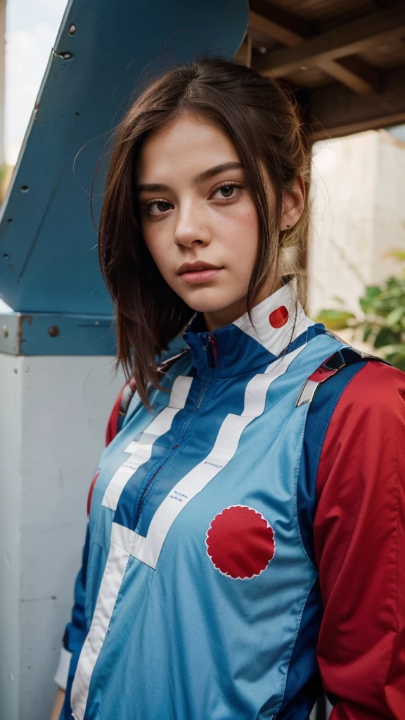 Girl with straight hair falling over her face: half of her hair white and the other half red; wearing dark blue hero jumpsuit; eye on the left is brown and the eye on the right is blue; Around the eye on the right there is a red spot like a scar.His appearance is like Shoto from My Hero Academia, https://images.app.goo.gl/uvKPutsofqXqR5sMA