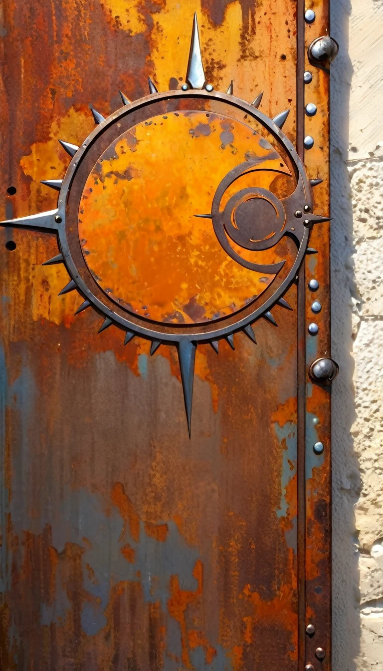 decorative metal sheet, rusty, the sun, art inspired by dave mckean