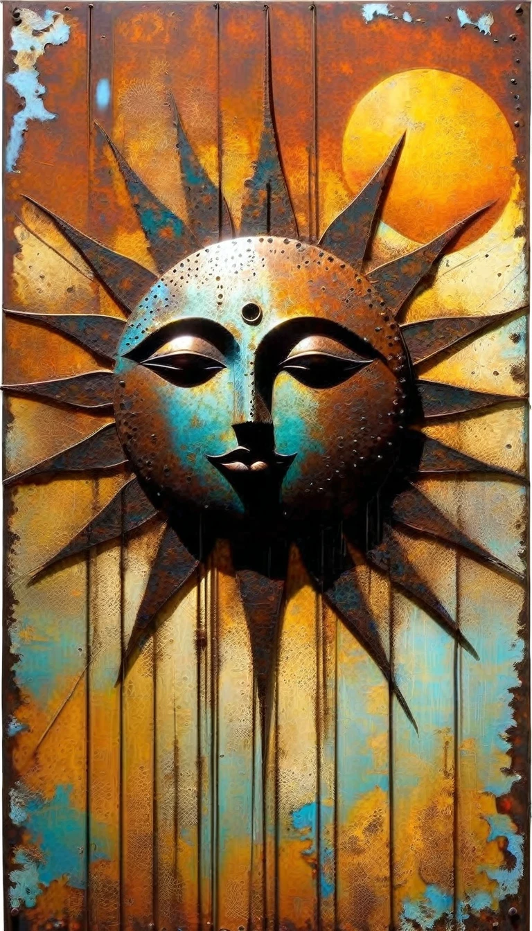 decorative metal sheet, rusty, the sun, art inspired by dave mckean