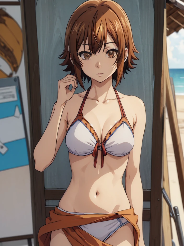 chisakotegawa, chisa kotegawa, short hair, bangs, brown hair, (brown eyes:1.5),
BREAK navel, cleavage, collarbone, swimsuit, bikini, white bikini, sarong,
BREAK outdoors, beach,
BREAK looking at viewer, (cowboy shot:1.5),
BREAK (masterpiece:1.2), best quality, high resolution, unity 8k wallpaper, (illustration:0.8), (beautiful detailed eyes:1.6), extremely detailed face, perfect lighting, extremely detailed CG, (perfect hands, perfect anatomy),