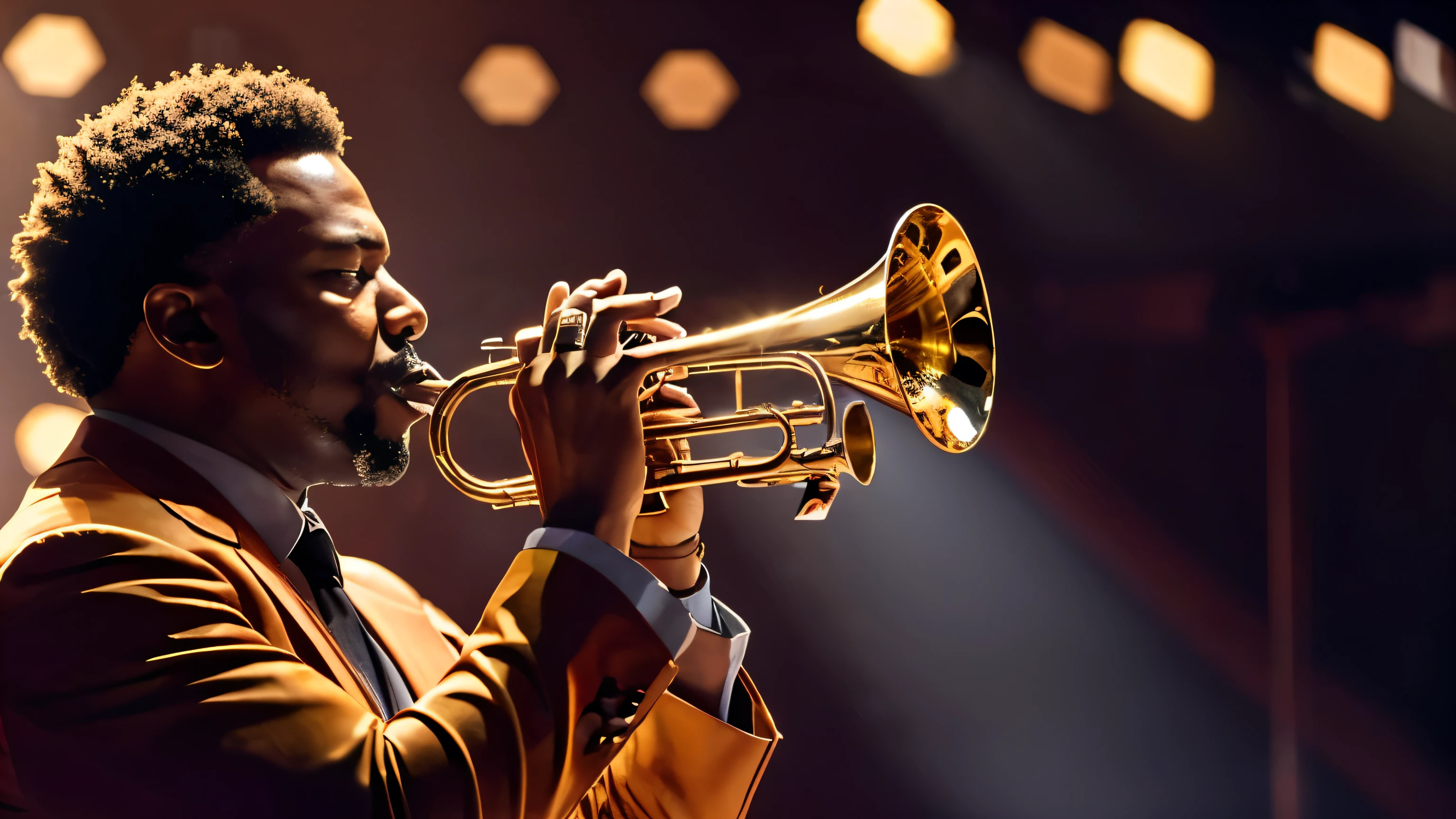 1970s jazz trumpeter blowing his horn on stage, cinematic action, cinematic lighting, backlighting, masterpiece, anatomically correct, textured skin, super detail, 8k atmospheric perspective, depth of field,