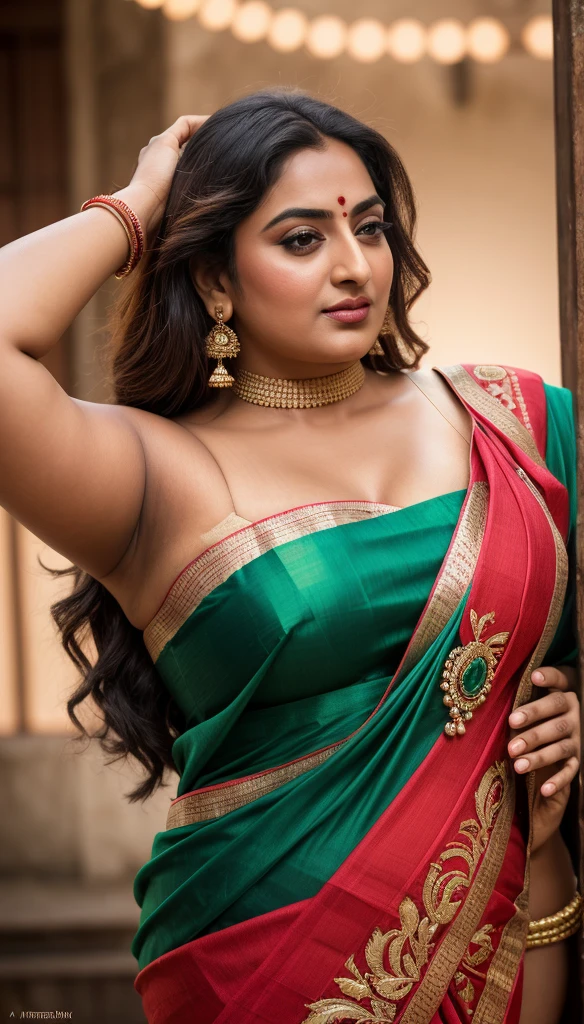 Foto RAW, photorealistic, photography, full body shot, master shot, perfect eyes, goddess like beauty, pierced eyes, perfect thick chubby mallu Desi aunty bhabhi, Full figured woman, juicy thick figure, bulky figure, curvy, fleshy curvy figure, voluptuous body, wide body, full figured aunty, Sexy navel folds, fleshy figure, heavy figure, Wearing a Stanapatta, a chest-band.Saree model, model Photography, Indian saree shoot, Indian traditional wear advertising photography, traditional wear brand shoot, face of Indian actress Sonakshi Sinha, masterpiece, realistic, realism, incredible details, pleasure, photorealism, detailed skin, skin pores, high contrast, photorealistic Artstation 8k HD digital art trend of high definition and detailed realistic skin texture, ultra detail, realistic skin texture, armature, best quality, ultra high definition, (photorealistic:1.4),, high resolution, detail, raw photo, sweat, Re sharp, by Lee Jefferies Nikon D850 Film Stock Photo 4 Kodak Portra 400 Camera F1.6 Lens Rich Color Ultra Real Realistic Realistic Textures Dramatic Lighting Unreal Engine Trending at Art Station Cinestill 800,(pele altamente detalhada: 1.2), 8k UHD, DSLR, soft-lighting, alta qualidade, grain of film, Fujifilm XT3,she didn't like to wear blouse or bra, She doesn't like to wear bra or blouse as it is against her traditional customs, wearing a Bra or blouse is against her forbidden in her tribes ritual, traditional no blouse saree, detailed hairy armpits, hyper realistic skin, skin pores, sweat, veins,