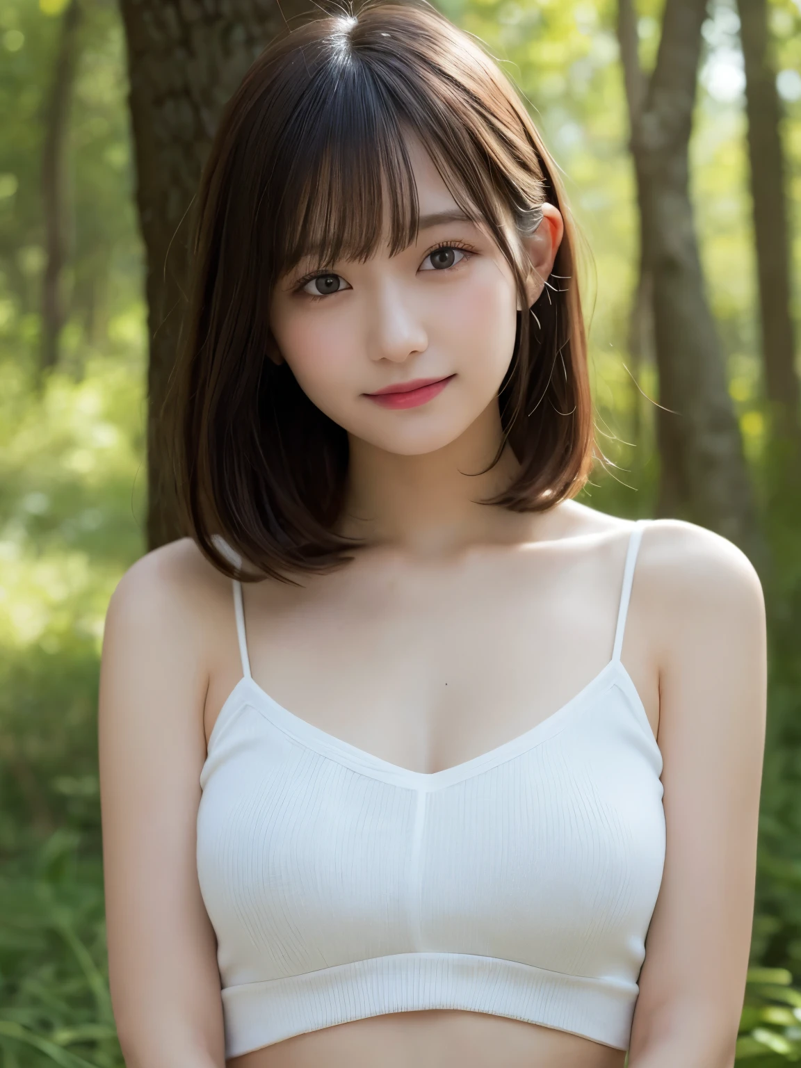 masutepiece, Best Quality, Illustration, Ultra-detailed, finely detail, hight resolution, 8K Wallpaper, Perfect dynamic composition, Beautiful detailed eyes, doress, short Hair, mid-chest, Natural Color Lip, Random and sexy poses,Smile, Blurred campsite background、20 years girl、Colossal 、Too much exposure、camisole tops(off white)、Exposing the chest、Slid、I keep my hair tied up