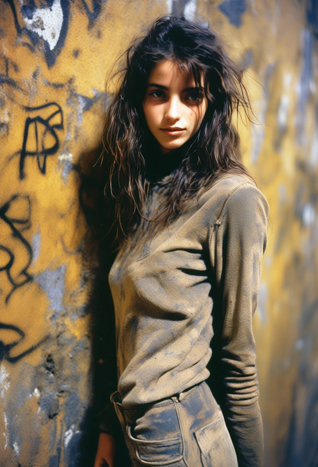 photo of a young woman, 1990s, artisan, Graffiti, weathered skin, dusty, dry