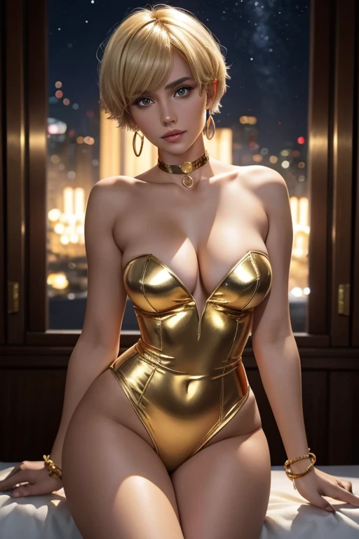 Rita Cadilac, 29-years-old, gold strapless bodysuit, thighs exposed, sexy cyber swimsuit, superhero woman, cyber bracelets, gold choker, large hoop earrings, gold band, pose sexy, pixie cut blonde hair, curvy athletic body, clear eyes, Look to the camera, sensitive facial expression, face picture, Romanticism, Luxurious room, stones, night sky, moonlights, lightrays, sensuous