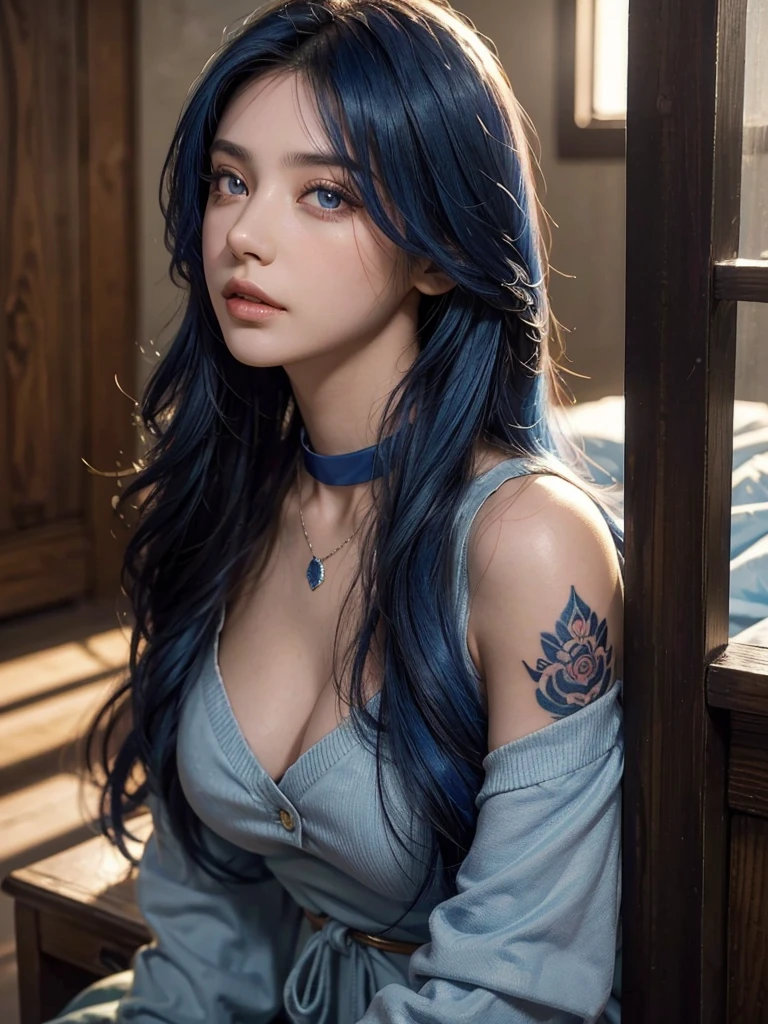 1girl, alone, solitary, high quality, (best quality,4k,8k,highres,masterpiece:1.2),ultra-detailed,(realistic,photorealistic,photo-realistic:1.37),gorgeous hair,sapphire hair,long straight hair with bangs,sharp eyes,mole under the eye,plump lips,jewelry,(high detailed skin:1.4),(rim lighting:1.3),(lit:1.3),(sunny day:1.3),portrait,beautiful lips,waist-length hair,seductive gaze,moles,casual clothes,colorful clothing,close up,super long hair,choker necklace,tattoos,tattooed,light eyes,bangs,fringe,20 year old,dimples on the cheeks,dimples,sapphire blue hair,bluehair,blue hair,bright royal blue hair,royal blue,sapphire hair,sapphire