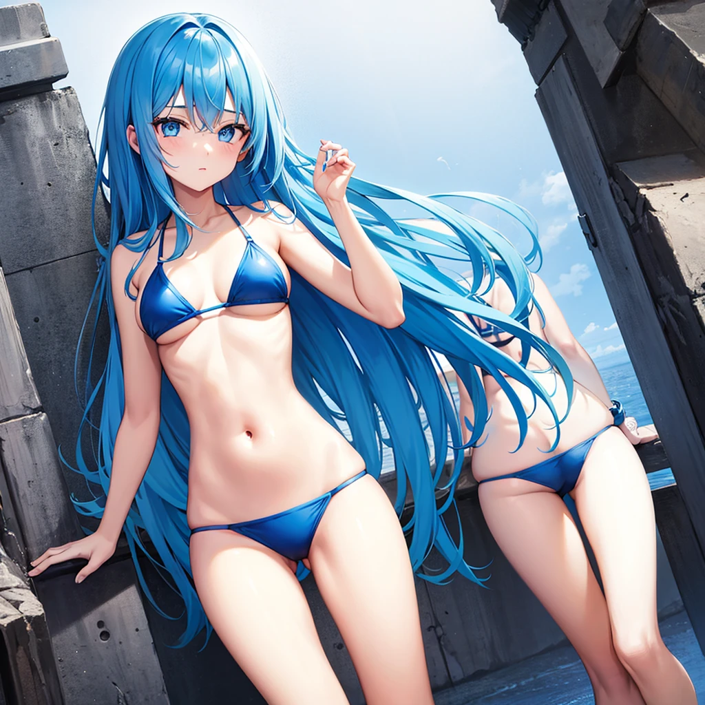 Girl blue eyes, blue hair, blue bikini, long hair,