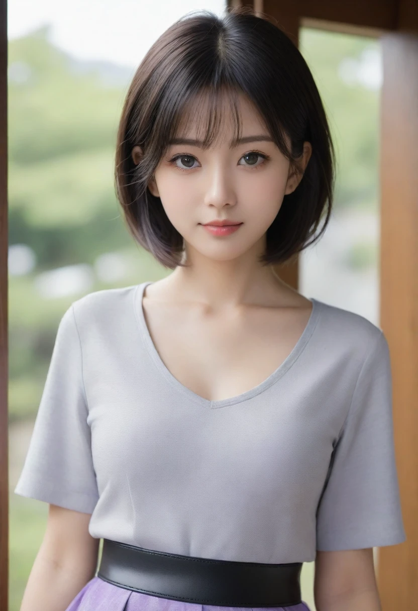 8K, Ultra-high resolution, Highest quality, masterpiece, 三分割法によるphotograph,Surreal, photograph, 1 Girl, (:1.3), pretty girl, Cute face, Beautiful eyes in every detail, 細かくdetailedに,masterpiece,, One Girl:1.2, Japan Female Announcer,whole body,(Absurd, High Fantasy Art, Best HD images, 注意深くdetailedに, 非常にdetailedな特徴と質感), Solo Character, 16 years oldhas short black hair, Purple eyes with black pupils, Flat Chest, Slim texture, Very thin lips, White skin, (Scottish short skirt, Grey Leather Shirt, silver meral belt between her Scottish short skirt and belly), Confident pose, Very serious face, No Sense of Humor Irish Wooden Cottage with Ancient Greek and Celtic Furniture, Attractive thighs, Sensual,A carefree smile,Heal the heart,Black Hair,Short Bob,Looking at the audience、beauty,Long neck、Laugh a little、Please close your mouth and laugh、(((Ideal body type))),A cup small breasts :2,、Portraiture:2、Perfect Anatomy、鮮明なdetailed、detailed、Surreal、Light and shadow,Strong light