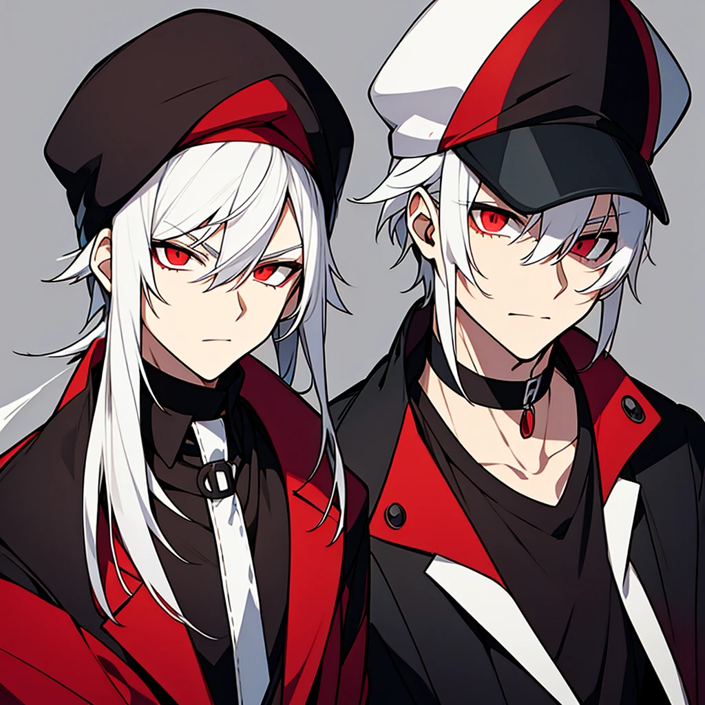 Makes a young male with white hair and red eyes wearing a black cap with a black and red coat