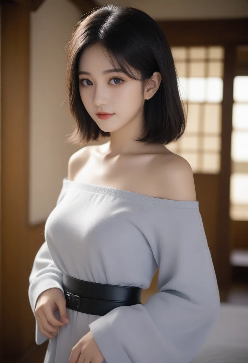 8K, Ultra-high resolution, Highest quality, masterpiece, 三分割法によるphotograph,Surreal, photograph, 1 Girl, (:1.3), pretty girl, Cute face, Beautiful eyes in every detail, 細かくdetailedに,masterpiece,, One Girl:1.2, Japan Female Announcer,whole body,(Absurd, High Fantasy Art, Best HD images, 注意深くdetailedに, 非常にdetailedな特徴と質感), Solo Character, 16 years oldhas short black hair, Purple eyes with black pupils, Flat Chest, Slim texture, Very thin lips, White skin, (Scottish short skirt, Grey Leather Shirt, silver meral belt between her Scottish short skirt and belly), Confident pose, Very serious face, No Sense of Humor Irish Wooden Cottage with Ancient Greek and Celtic Furniture, Attractive thighs, Sensual,A carefree smile,Heal the heart,Black Hair,Short Bob,Looking at the audience、beauty,Long neck、Laugh a little、Please close your mouth and laugh、(((Ideal body type))),A cup small breasts :2,、Portraiture:2、Perfect Anatomy、鮮明なdetailed、detailed、Surreal、Light and shadow,Strong light