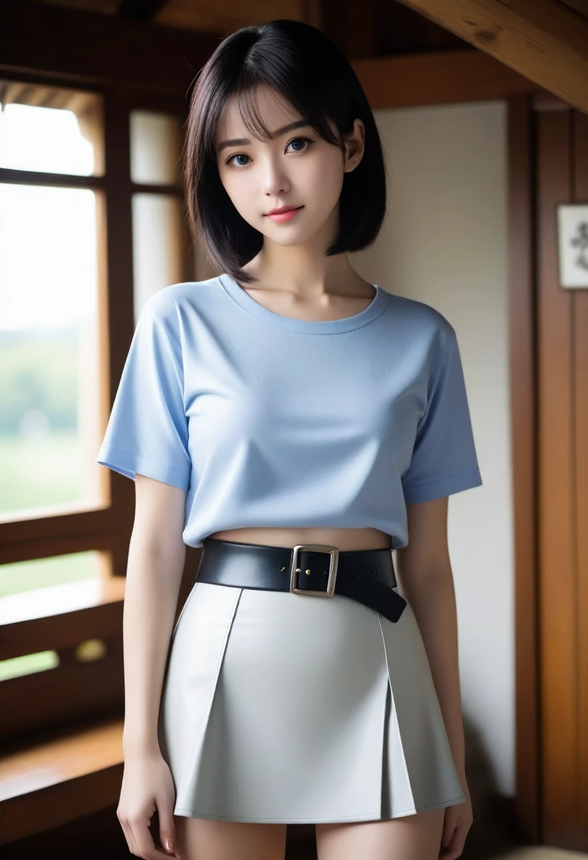 8K, Ultra-high resolution, Highest quality, masterpiece, 三分割法によるphotograph,Surreal, photograph, 1 Girl, (16 years old:1.3), pretty girl, Cute face, Beautiful eyes in every detail, 細かくdetailedに,masterpiece,, One Girl:1.2, Japan Female Announcer,whole body,(Absurd, High Fantasy Art, Best HD images, 注意深くdetailedに, 非常にdetailedな特徴と質感), Solo Character, 16 years oldの野蛮な少女, She has short black hair, Purple eyes with black pupils, Flat Chest, Slim texture, Very thin lips, White skin, (Scottish short skirt, Grey Leather Shirt, silver meral belt between her Scottish short skirt and belly), Confident pose, Very serious face, No Sense of Humor Irish Wooden Cottage with Ancient Greek and Celtic Furniture, Attractive thighs, Sensual,A carefree smile,Heal the heart,Black Hair,Short Bob,Looking at the audience、beauty,Long neck、Laugh a little、Please close your mouth and laugh、(((Ideal body type))),A cup small breasts :2,、Portraiture:2、Perfect Anatomy、鮮明なdetailed、detailed、Surreal、Light and shadow,Strong light