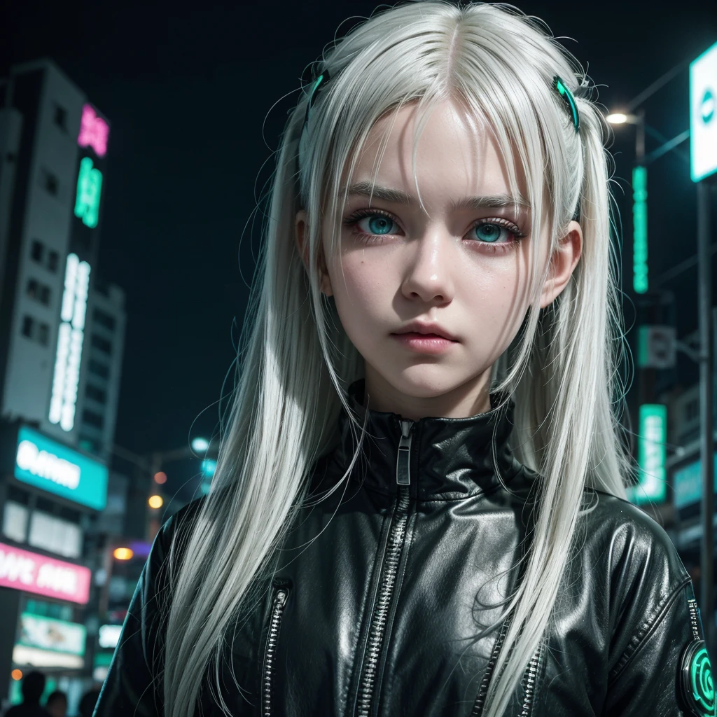  girl, neon white hair, greeneyes, semi new, wearing cyberpunk clothing.