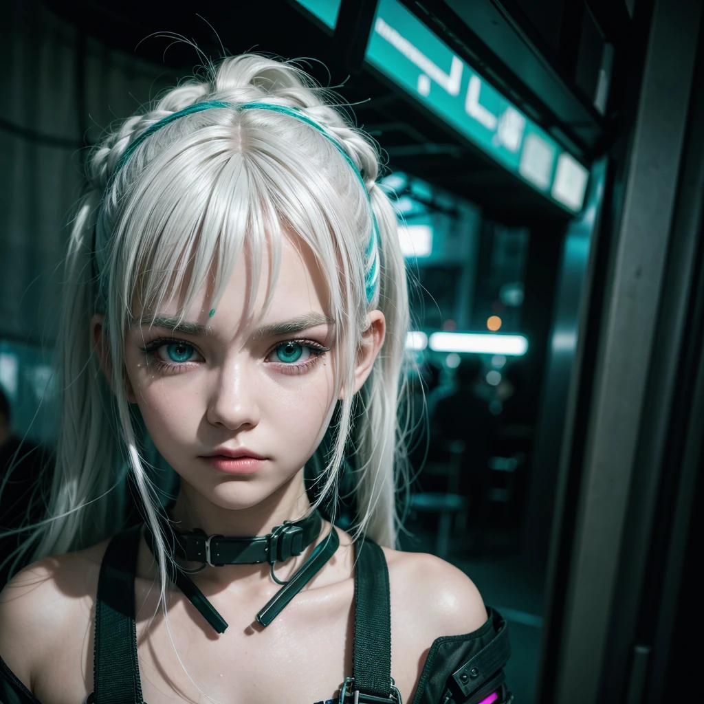  girl, neon white hair, greeneyes, semi new, wearing cyberpunk clothing.