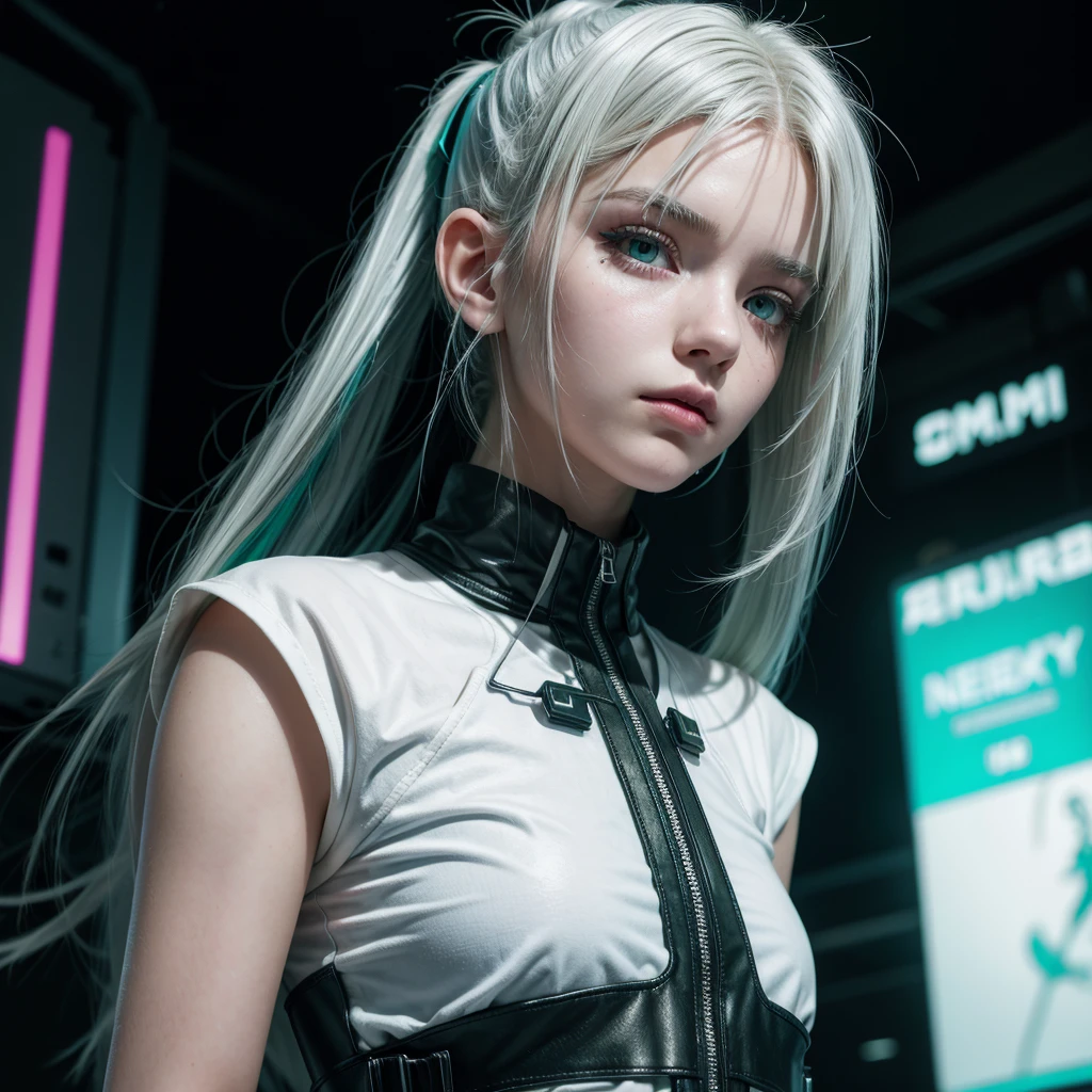  girl, neon white hair, greeneyes, semi new, wearing cyberpunk clothing.