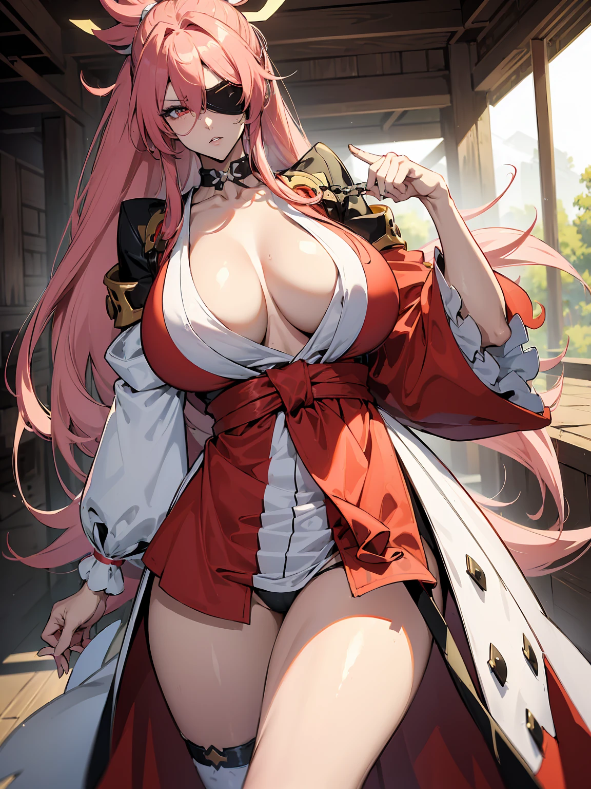 masterpiece:1.2, ((Guilty Gear: Strive game)), ((Baiken character)), 1women, (best quality), (real picture, intricate details, depth of field), make up, parted lips, highly-detailed, perfect face, (huge breasts:1.8), (skindentation), attractive waist, tall, glossy coral lips, moderate musculature, toned abdomen, beautiful navel, (extra long high green ponytail :1.2), (white ribbon in hair) (beautiful bright pink color eyes), face ornament, sexy, (dressed in a kimono in red, white and black shades), (women's fundoshi), (white female fundosi), (blushing, drunk), sleepy expression, peaceful atmosphere, massive cleavage, disproportional tits, hanging breasts,
(the left eye is closed, eye patch on the left eye), (the left hand is missing, the left hand is hidden),