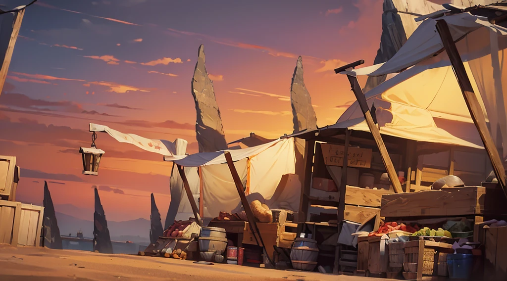 traditional market, butchery, ((market stalls, market tents, canopy)), wooden boxes, wooden basket, wire, ((giant sharp rocks)), sand ground, (dawn time, daybreak sky, dark morning), low angle,
