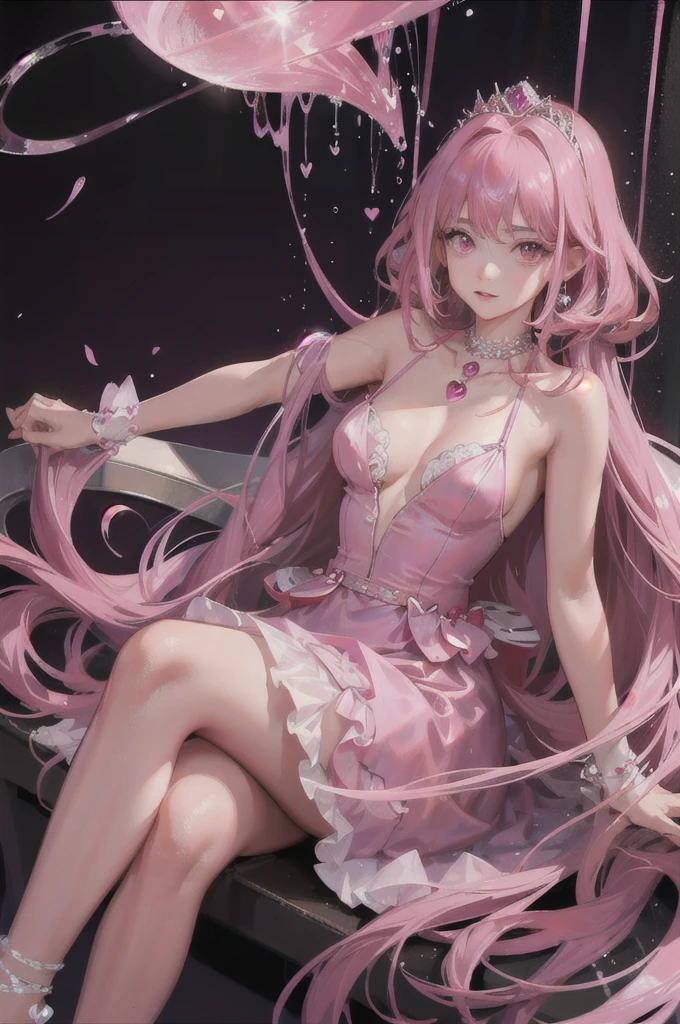 Women, approximately 18 years old, pink eyes, good body, maroon locks in hair , She is a princess, She has a short pink dress with pink gems, his hair is a little long, has pink powers, On his neck he has a heart-shaped necklace, has a pink aura, she is sitting on a throne