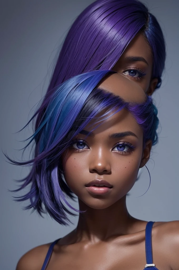Creates an emotion of fun 2 with dark skin tone and blue and purple hair