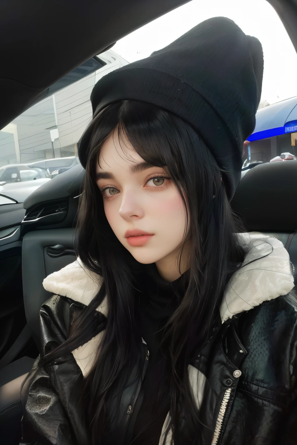 Arafed woman in black hat and jacket sitting in a car., She has black hair with bangs, her face looks like an orchid, beautiful dolphin, ilya kuvshinov con pelo largo, Portrait Sophie Mudd, Billie Eilish, pale skin persian girl, 18 years, Kailee Mandel, She has black hair