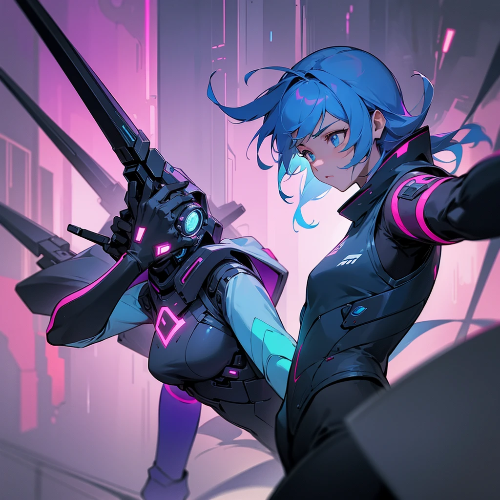 1female, young adult, finely detailed purple eyes, wild medium hair, blue hair, full body combat suits, standing on ruined building, night time, serious expression, gas mask