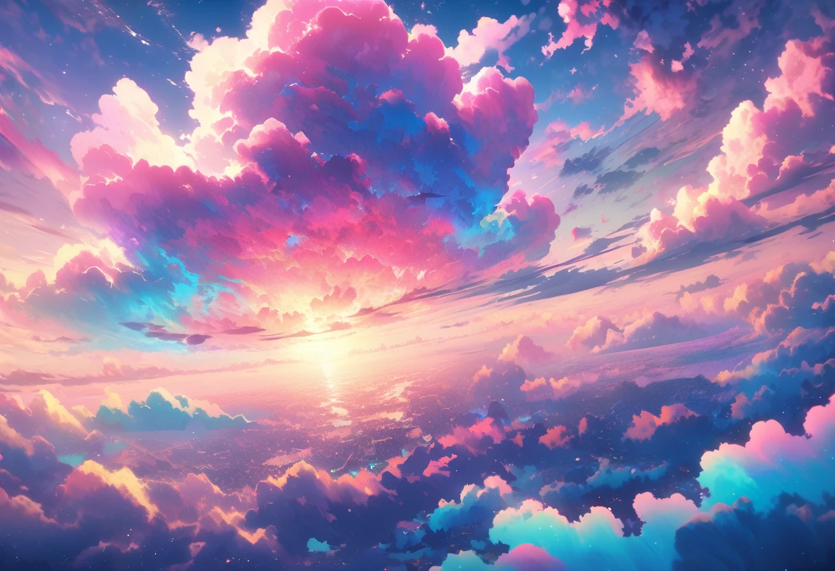 Fantasy sky, ethereal clouds, vibrant hues, dreamy atmosphere, surreal, glowing light, soft pastel colors, intricate cloud formations, whimsical, otherworldly, high resolution, perfect for wallpaper, artistic photography.