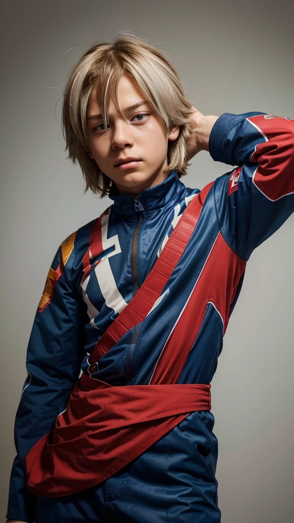 Boy with straight hair falling over his face: half of his hair white and the other half red; wearing dark blue hero jumpsuit; eye on the left is brown and the eye on the right is blue; Around the eye on the right there is a red spot like a scar.His appearance is like Shoto from My Hero Academia, https://images.app.goo.gl/uvKPutsofqXqR5sMA