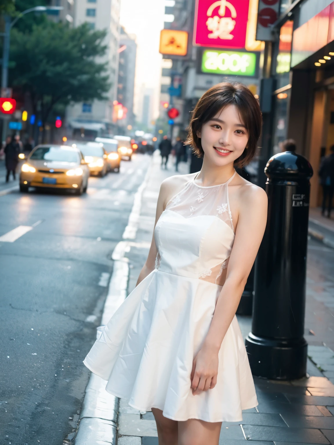 high resolution,4K,A genuine,Ultra-clear,light dress, 1 girl , Short and delicate hair,Show teeth when smiling,On the street