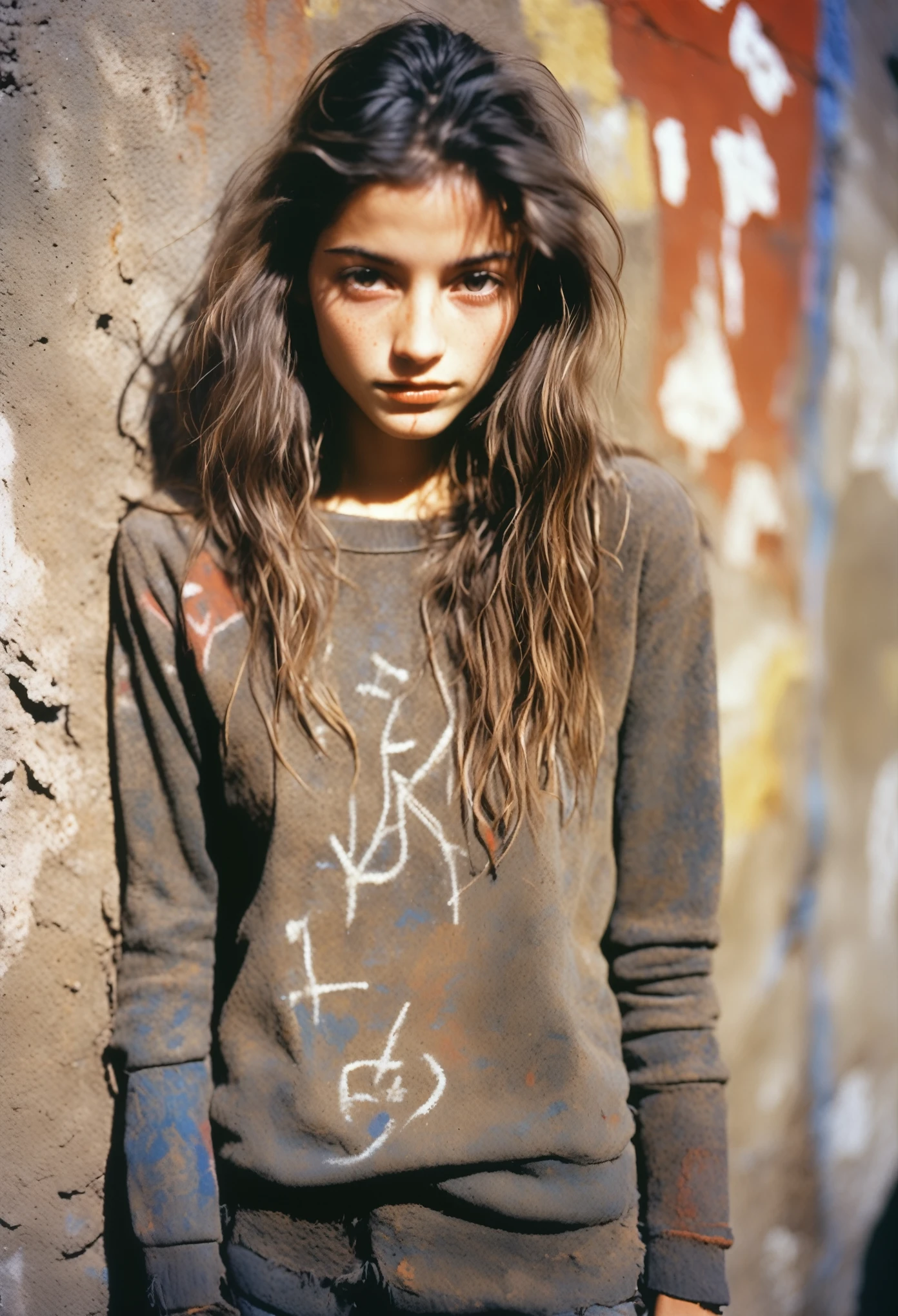 photo of a young woman, 1990s, artisan, Graffiti, weathered skin, dusty, dry