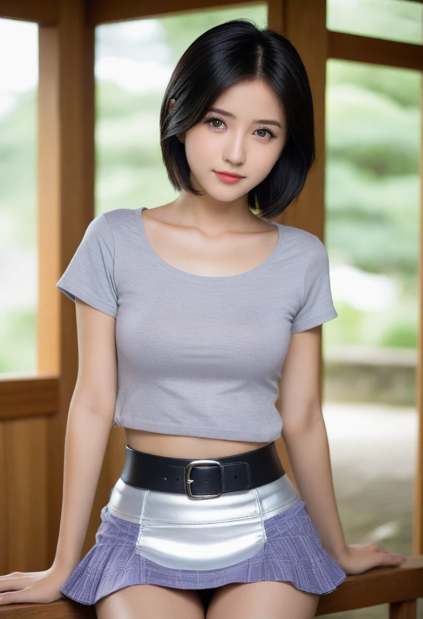 8K, Ultra-high resolution, Highest quality, masterpiece, 三分割法によるphotograph,Surreal, photograph, 1 Girl, (:1.3), pretty girl, Cute face, Beautiful eyes in every detail, 細かくdetailedに,masterpiece,, One Girl:1.2, Japan Female Announcer,whole body,(Absurd, High Fantasy Art, Best HD images, 注意深くdetailedに, 非常にdetailedな特徴と質感), Solo Character, 16 years oldhas short black hair, Purple eyes with black pupils, Flat Chest, Slim texture, Very thin lips, White skin, (Scottish short skirt, Grey Leather Shirt, silver meral belt between her Scottish short skirt and belly), Confident pose, Very serious face, No Sense of Humor Irish Wooden Cottage with Ancient Greek and Celtic Furniture, Attractive thighs, Sensual,A carefree smile,Heal the heart,Black Hair,Short Bob,Looking at the audience、beauty,Long neck、Laugh a little、Please close your mouth and laugh、(((Ideal body type))),A cup small breasts :2,、Portraiture:2、Perfect Anatomy、鮮明なdetailed、detailed、Surreal、Light and shadow,Strong light 