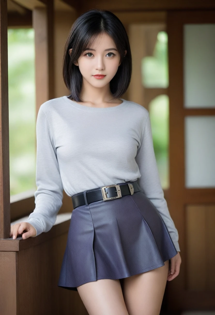 8K, Ultra-high resolution, Highest quality, masterpiece, 三分割法によるphotograph,Surreal, photograph, 1 Girl, (16 years old:1.3), pretty girl, Cute face, Beautiful eyes in every detail, 細かくdetailedに,masterpiece,, One Girl:1.2, Japan Female Announcer,whole body,(Absurd, High Fantasy Art, Best HD images, 注意深くdetailedに, 非常にdetailedな特徴と質感), Solo Character, 16 years oldの野蛮な少女, She has short black hair, Purple eyes with black pupils, Flat Chest, Slim texture, Very thin lips, White skin, (Scottish short skirt, Grey Leather Shirt, silver meral belt between her Scottish short skirt and belly), Confident pose, Very serious face, No Sense of Humor Irish Wooden Cottage with Ancient Greek and Celtic Furniture, Attractive thighs, Sensual,A carefree smile,Heal the heart,Black Hair,Short Bob,Looking at the audience、beauty,Long neck、Laugh a little、Please close your mouth and laugh、(((Ideal body type))),A cup small breasts :2,、Portraiture:2、Perfect Anatomy、鮮明なdetailed、detailed、Surreal、Light and shadow,Strong light 