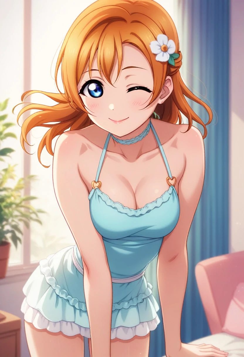 Honoka kousaka love live, cowboy shot, blue eyes, orange hair,hair flower, solo, Fashion , bshoulders, perfect eyes, Perfect iris，Perfect skin，Soft front light，Casual dress，indoors；（pastel colour:1.2), halter neck,thin straps ,(lipstick:0.8) ,sexy pose,wink, (slightly bent over:0.8)