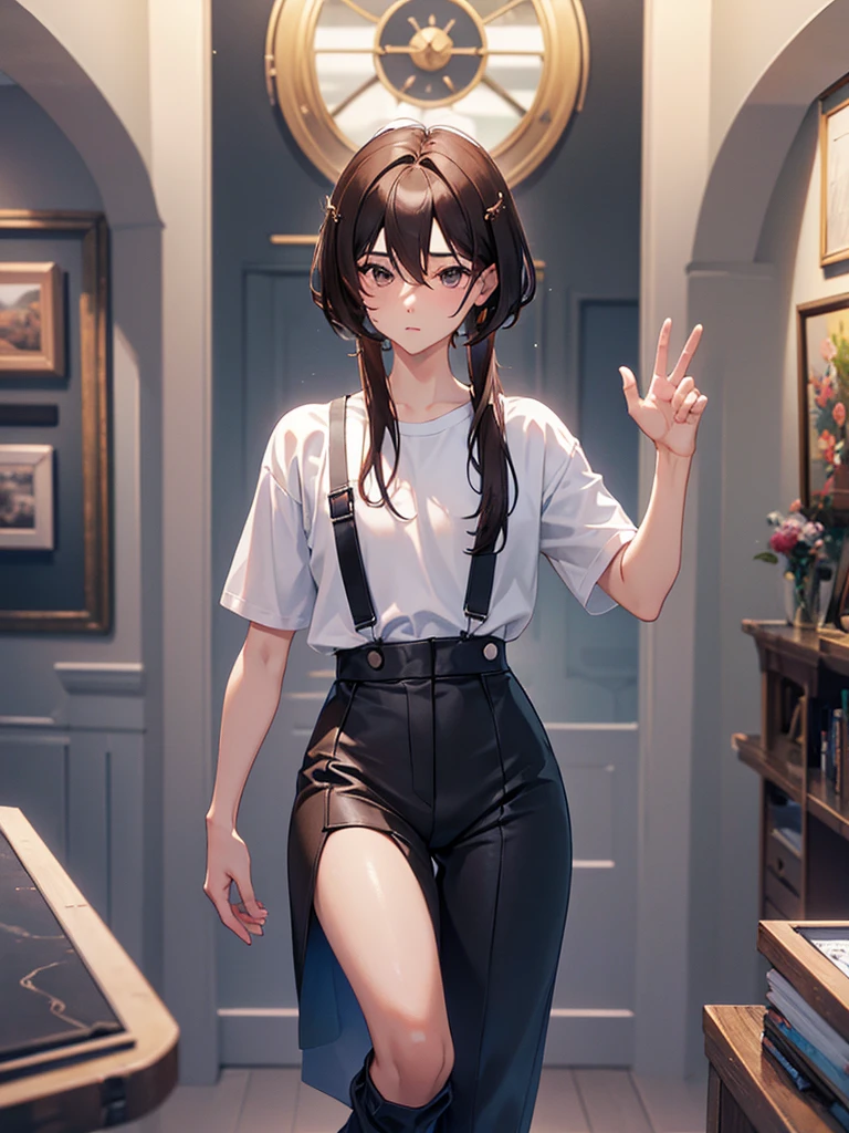 ((highest quality)),(ultra high resolution),(Super detailed),(detailed description),((best CG)),(best work of art),super precision art, great drawing art,(Art with precise details:1.5), (1 man: 1.5) cute and feminine looking young man, femboy, silky smooth back length brown hair, soft and cute facial features, slender dainty body, slim waist, small curves, small perky butt, silky smooth legs, very short height of 5ft 5,plain tee shirt and baggy pants, an overall cute femboy