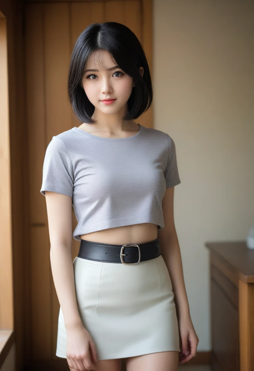 8K, Ultra-high resolution, Highest quality, masterpiece, 三分割法によるphotograph,Surreal, photograph, 1 Girl, (16 years old:1.3), pretty girl, Cute face, Beautiful eyes in every detail, 細かくdetailedに,masterpiece,, One Girl:1.2, Japan Female Announcer,whole body,(Absurd, High Fantasy Art, Best HD images, 注意深くdetailedに, 非常にdetailedな特徴と質感), Solo Character, 16 years oldの野蛮な少女, She has short black hair, Purple eyes with black pupils, Flat Chest, Slim texture, Very thin lips, White skin, (Scottish short skirt, Grey Leather Shirt, silver meral belt between her Scottish short skirt and belly), Confident pose, Very serious face, No Sense of Humor Irish Wooden Cottage with Ancient Greek and Celtic Furniture, Attractive thighs, Sensual,A carefree smile,Heal the heart,Black Hair,Short Bob,Looking at the audience、beauty,Long neck、Laugh a little、Please close your mouth and laugh、(((Ideal body type))),A cup small breasts :2,、Portraiture:2、Perfect 、鮮明なdetailed、detailed、Surreal、Light and shadow,Strong light 