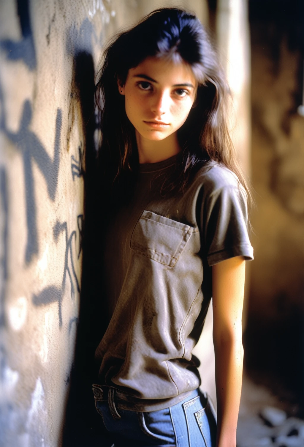 photo of a young woman, 1990s, artisan, Graffiti, weathered skin, dusty, dry