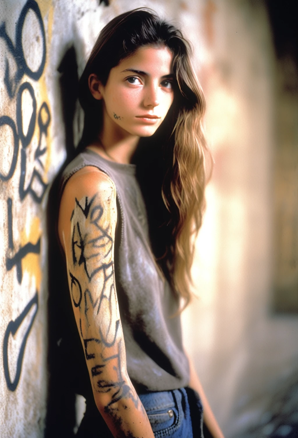 photo of a young woman, 1990s, artisan, Graffiti, weathered skin, dusty, dry