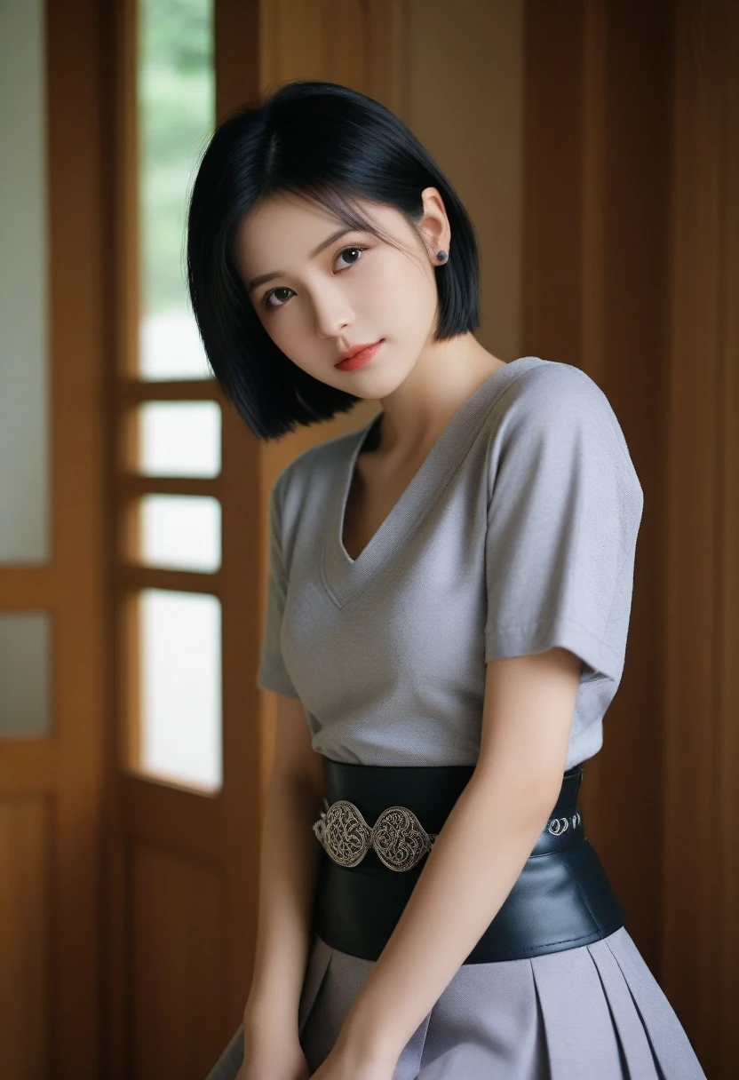 8K, Ultra-high resolution, Highest quality, masterpiece, 三分割法によるphotograph,Surreal, photograph, 1 Girl, (16 years old:1.3), pretty girl, Cute face, Beautiful eyes in every detail, 細かくdetailedに,masterpiece,, One Girl:1.2, Japan Female Announcer,whole body,(Absurd, High Fantasy Art, Best HD images, 注意深くdetailedに, 非常にdetailedな特徴と質感), Solo Character, 16 years oldの野蛮な少女, She has short black hair, Purple eyes with black pupils, Flat Chest, Slim texture, Very thin lips, White skin, (Scottish short skirt, Grey Leather Shirt, silver meral belt between her Scottish short skirt and belly), Confident pose, Very serious face, No Sense of Humor Irish Wooden Cottage with Ancient Greek and Celtic Furniture, Attractive thighs, Sensual,A carefree smile,Heal the heart,Black Hair,Short Bob,Looking at the audience、beauty,Long neck、Laugh a little、Please close your mouth and laugh、(((Ideal body type))),A cup small breasts :2,、Portraiture:2、Perfect Anatomy、鮮明なdetailed、detailed、Surreal、Light and shadow,Strong light