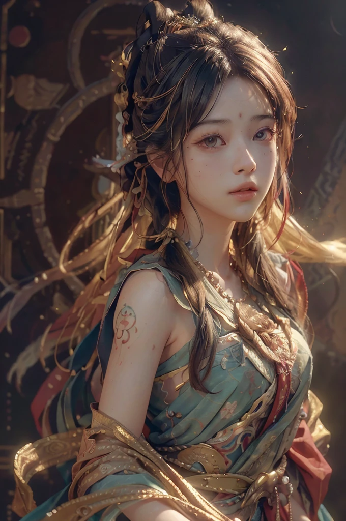 (RAW photo, best quality), (realistic, photo-realistic:1.3),best quality,highly detailed,masterpiece,ultra-detailed,illustration,1girl,upper_body,dynamic angle,world masterpiece theater,messy_long_hair,best quality,extremely detailed CG unity 8k wallpaper,ink,Amazing,cinematic lighting,lens_flare, dunhuang_style