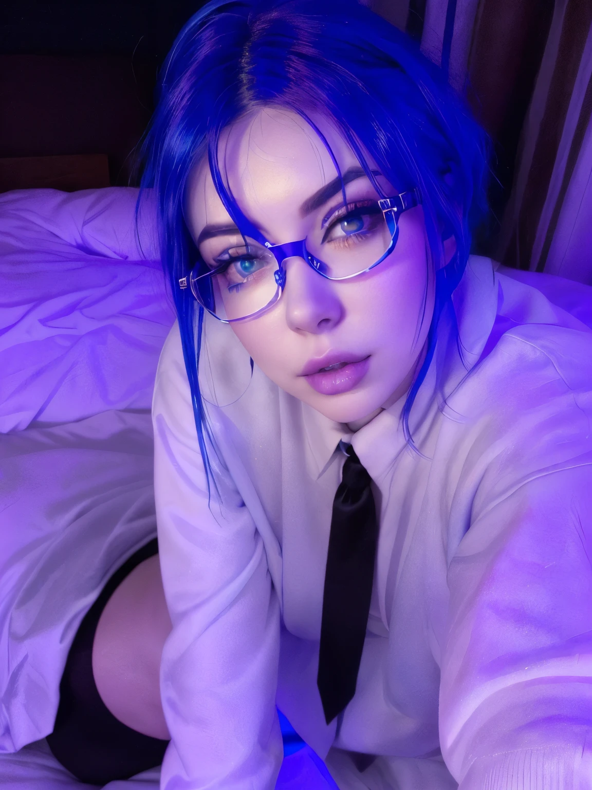 arafed woman with blue hair and glasses sitting on a bed, with bright blue lights, with blue skin, with blue hair, pale skin and purple eyes, She has pale blue skin.!!!, pretty girl with blue hair, profile picture, she has purple hair, beautiful blue hair girl, dark purple hair and cybernetics, charli xcx, bright blue face