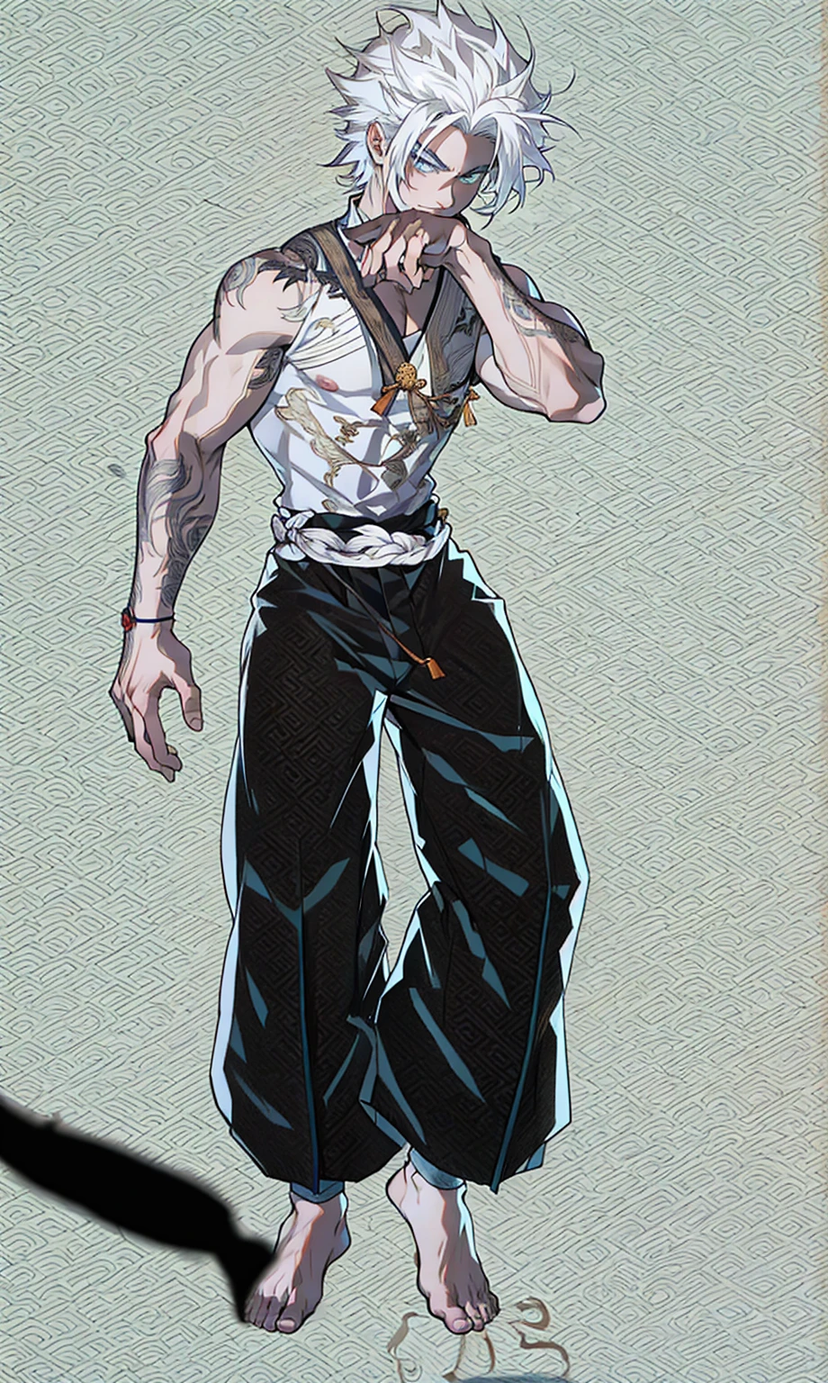 male boy, white hair, defined body, white hair, black kung fu style pants