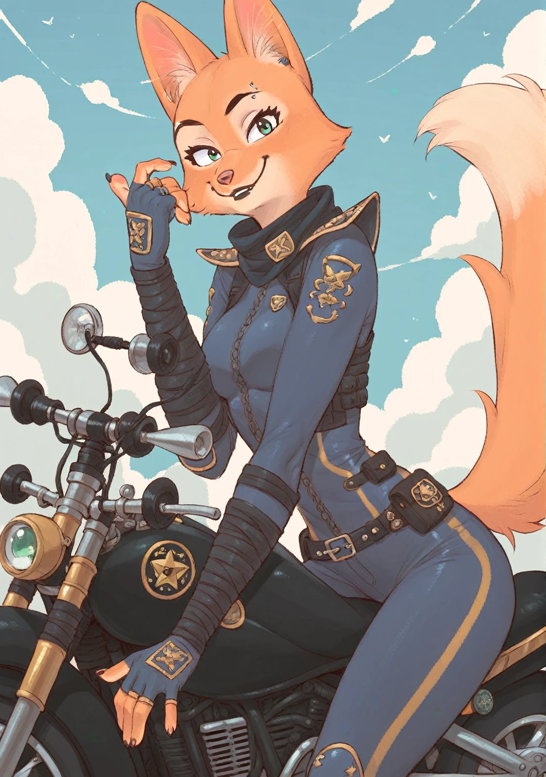 Diane Foxington, ginger fur, emerald eyes, black lipstick, black eyebrows, silver piercings on eyebrow, fox tail, bodysuit with yellow trim and black wraps, smirk, on top of a motorcycle