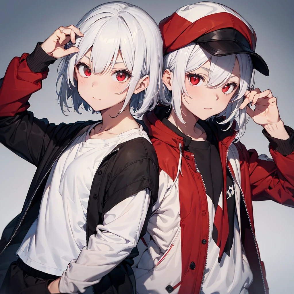 Makes a young male with white hair and red eyes wearing a black cap with a black and red coat