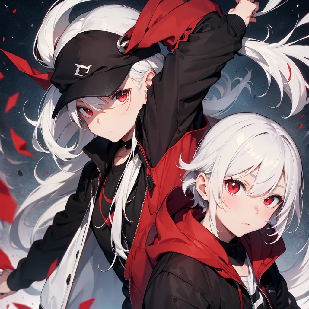 Makes a young male with white hair and red eyes wearing a black cap with a black and red coat