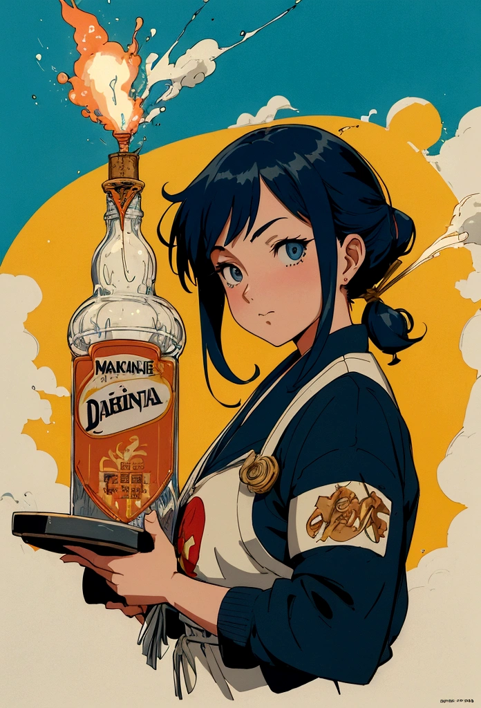 believe me a bottle of liquor next to a glass anime style 90's soft lofi with 1920s aesthetic. The liquor is a thick silver liquid.The bottle is simple with a cork covering it and little decoration except a blank label and contains the same dark blue liquid with gold sparklesBy Greg Rutkowski, Laurie Greasley's Style, studio ghibli, Geovane Tarantino, James Gillard, genshin impact, Tendencia Pixiv Fanbox, Acrylic spatula, 4k, (vibrant colors), ( Bright color contrast), (highly saturated), Devinart, trends on Artstation