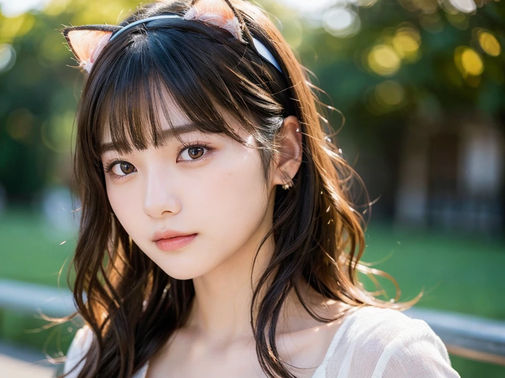 Highest quality,masterpiece:1.3,Ultra-high resolution),(Very detailed,Caustics,8K),(Realistic:1.4,RAW shooting),18-year-old,Japanese,Looking at the camera, Rembrandt Lighting, Realistic atmosphere, glossy lips,Soft white skin that shines in every detail,Detailed drawn eyes、Very beautiful eyes,Detailed lips、Beautiful, shining lips,Very beautiful face,Very well-formed face、18-year-oldの美しい少女,、Detailed face, (Photorealistic:1.2), (Highest quality), (Detailed skin:1.3), (Intricate details), Ray Tracing,One girl, In detail,real，Detailed skin texture, Black Hair, Long Hair,Cat ears headband， (Wavy Hair:1.2), (Blunt bangs:1.2), cute,Collarbone Bare Skin,(Face Focus:1.1),(Face close-up:1.1),Sunset,Natural light，Riverside Road