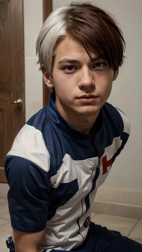 Boy with straight short hair falling over his face: half of his hair white and the other half red; wearing dark blue hero jumpsuit; eye on the left is brown and the eye on the right is blue; Around the eye on the right there is a red spot like a scar.His appearance is like Shoto from My Hero Academia, https://images.app.goo.gl/uvKPutsofqXqR5sMA