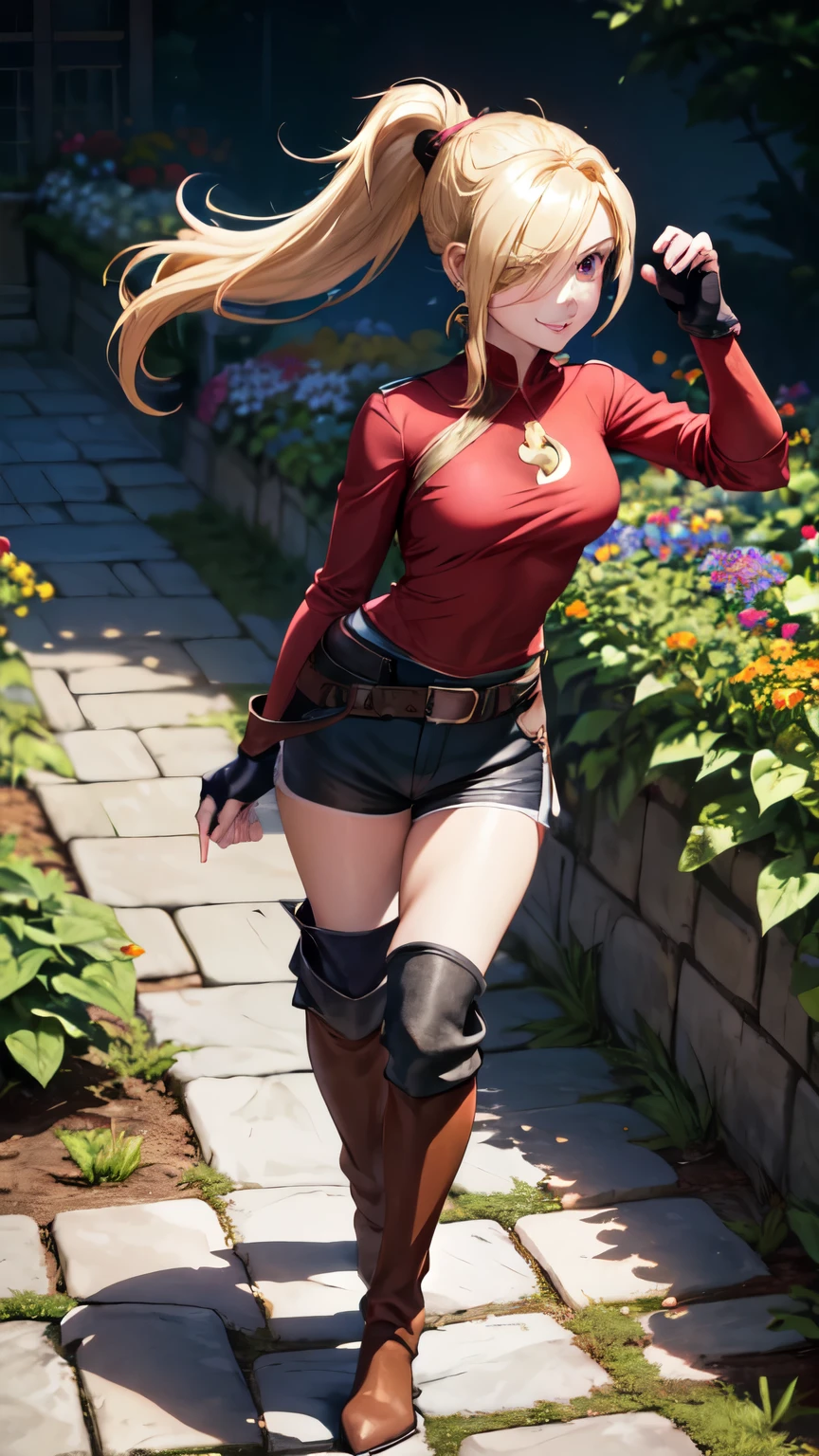 (best quality:1.2),solo,1girl,mdrin,smile,looking at viewer,lovely pose, ponytail,v-shaped eyebrows,red shirt, fingerless gloves,black shorts , garden background, warm color tones,soft lighting, Hair over one eye, ultra long hair, standing on hooftop, long boots, long ponytail, blonde