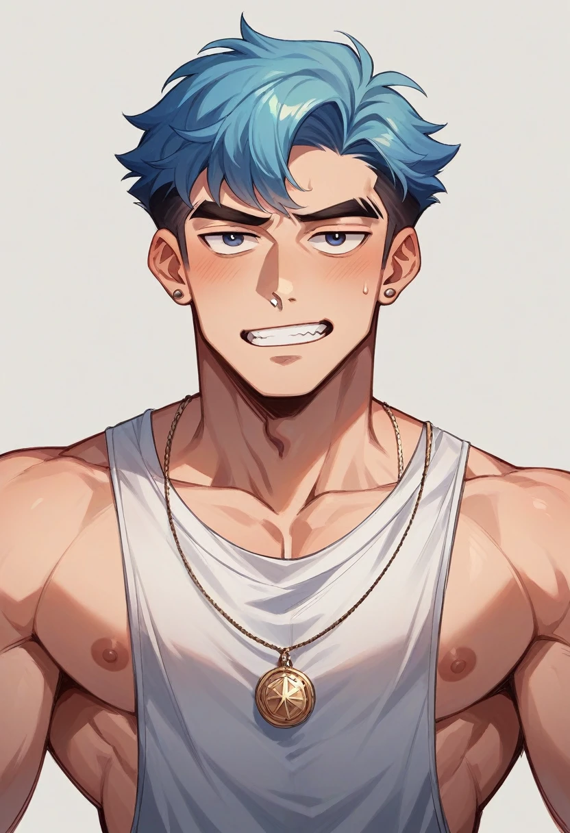 Attractive young man with mafia air. With an almond-shaped look of crystalline blue color. rectangle face. Super thin nose