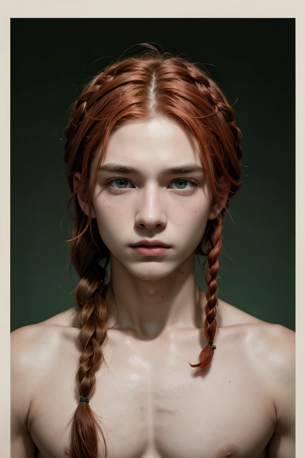 Year 1620, 18 year old boy, red hair with braids, has a patch, parts, green left eye, right eye brown, palaacate on the head black color, is brown 