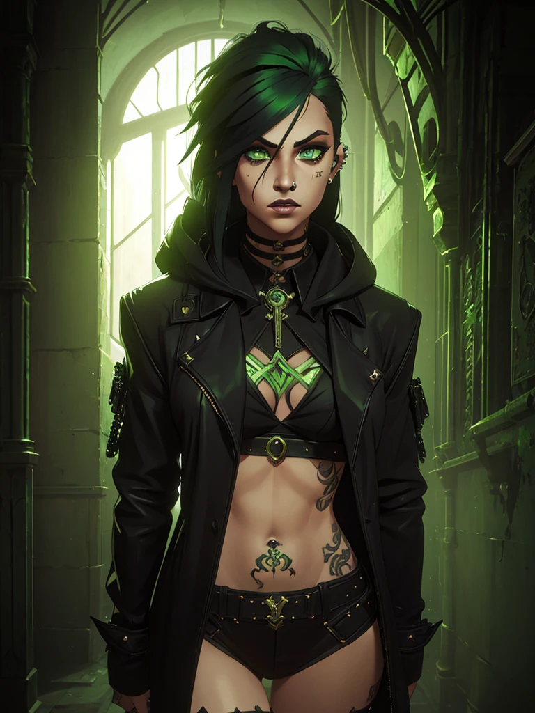 a girl, black hair and dyed phosphor green underneath, phosphor green eyes, has tattoos, piercings, light skin but not that light, dressed in dark fantasy style, long hair gothic dark style punk diesel neogothic